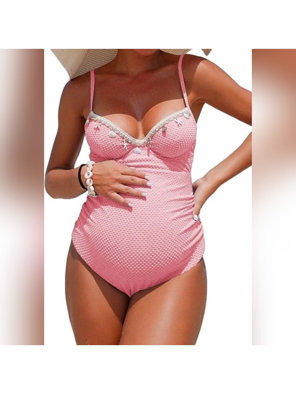 NWOT OYOANGLE One Piece Textured Shell Decor Maternity Swimsuit, Pink, Large